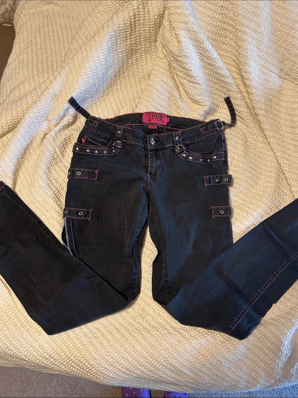 Vintage Tripp NYC Black Skinny Cargo Jeans with Pink Contrast Stitching